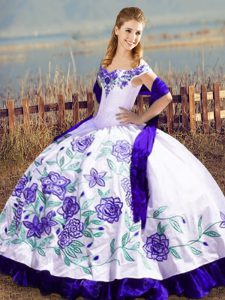 Cute White And Purple Off The Shoulder Lace Up Embroidery and Ruffles Vestidos de Quinceanera Sleeveless