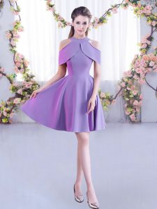 Trendy Lavender A-line Ruching Court Dresses for Sweet 16 Zipper Chiffon Short Sleeves Mini Length
