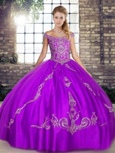 Fashion Purple Ball Gowns Off The Shoulder Sleeveless Tulle Floor Length Lace Up Beading and Embroidery Sweet 16 Dresses