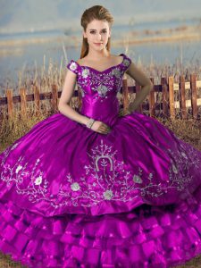 Luxury Satin and Organza Off The Shoulder Sleeveless Lace Up Embroidery and Ruffled Layers Quince Ball Gowns in Purple