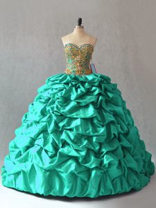 Gorgeous Turquoise Ball Gowns Beading and Pick Ups Sweet 16 Dresses Lace Up Taffeta Sleeveless