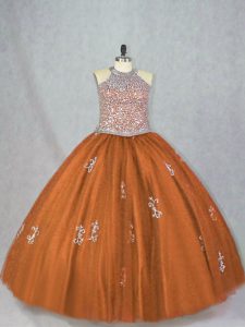 Nice Tulle Halter Top Sleeveless Lace Up Beading and Appliques Ball Gown Prom Dress in Brown