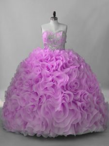 Lilac Ball Gowns Beading Quinceanera Gown Lace Up Fabric With Rolling Flowers Sleeveless