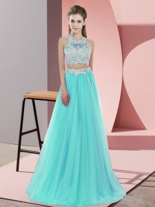 Glamorous Aqua Blue Zipper Halter Top Lace Damas Dress Tulle Sleeveless