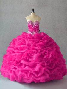 Customized Fuchsia Sweetheart Lace Up Beading and Pick Ups and Hand Made Flower Sweet 16 Dress Sleeveless