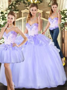Elegant Lavender Ball Gowns Sweetheart Sleeveless Organza Floor Length Lace Up Beading Quinceanera Gown