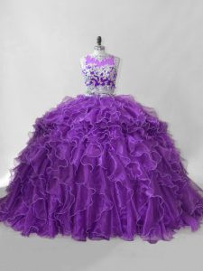 Romantic Purple Organza Zipper Quince Ball Gowns Sleeveless Brush Train Beading and Ruffles