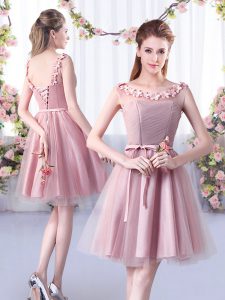 Pretty Tulle Scoop Sleeveless Lace Up Appliques and Belt Quinceanera Dama Dress in Pink