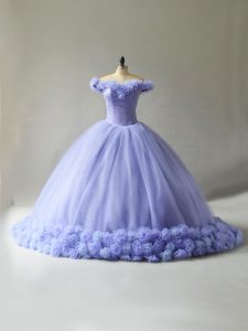 Simple Lavender Quince Ball Gowns Off The Shoulder Sleeveless Court Train Lace Up
