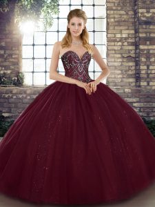 Sweetheart Sleeveless 15th Birthday Dress Floor Length Beading Burgundy Tulle