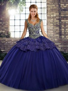 Chic Straps Sleeveless Quinceanera Dresses Floor Length Beading and Appliques Purple Tulle