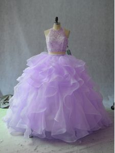 Lavender Backless Halter Top Beading and Ruffles Quinceanera Dress Organza Sleeveless