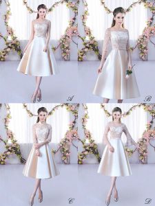 Champagne A-line Satin Scoop Sleeveless Lace and Belt Tea Length Lace Up Court Dresses for Sweet 16