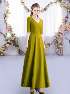 Olive Green V-neck Zipper Ruching Court Dresses for Sweet 16 Half Sleeves
