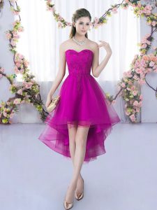 Noble Fuchsia A-line Lace Dama Dress Lace Up Tulle Sleeveless High Low