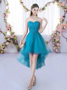 Lace Quinceanera Court Dresses Teal Lace Up Sleeveless High Low
