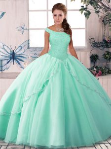 Apple Green Sleeveless Tulle Brush Train Lace Up Quince Ball Gowns for Military Ball and Sweet 16 and Quinceanera