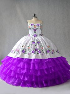 White And Purple Lace Up Sweetheart Embroidery and Ruffled Layers Sweet 16 Dresses Organza Sleeveless