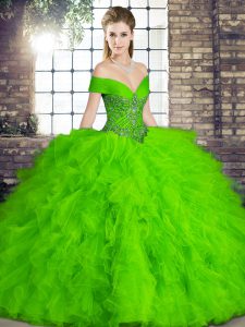 Customized Floor Length Green Sweet 16 Dress Tulle Sleeveless Beading and Ruffles