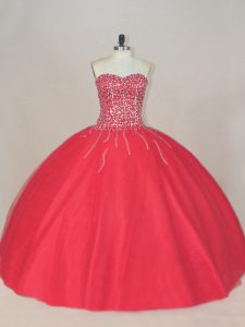 Coral Red Ball Gowns Beading Vestidos de Quinceanera Lace Up Tulle Sleeveless Floor Length
