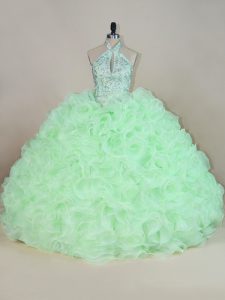Apple Green Ball Gowns Fabric With Rolling Flowers Halter Top Sleeveless Beading and Ruffles Lace Up 15 Quinceanera Dress