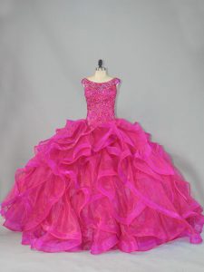 Inexpensive Sleeveless Beading and Ruffles Lace Up 15th Birthday Dress with Hot Pink Brush Train