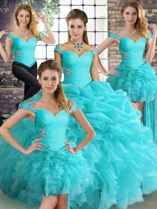 Sleeveless Floor Length Beading and Ruffles and Pick Ups Lace Up Quinceanera Dress with Aqua Blue