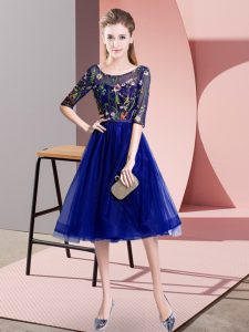 Empire Quinceanera Dama Dress Blue Scoop Tulle Half Sleeves Knee Length Lace Up