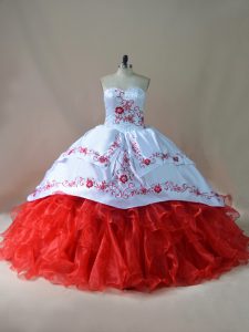 Court Train Ball Gowns Ball Gown Prom Dress White And Red Sweetheart Satin and Organza Sleeveless Lace Up