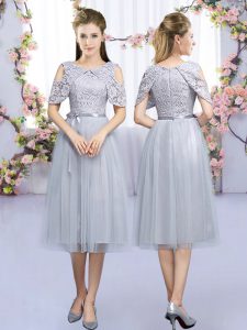 Grey Quinceanera Court of Honor Dress Wedding Party with Lace and Belt Scoop Sleeveless Zipper