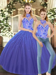 Beautiful Floor Length Lace Up Quinceanera Dresses Blue for Sweet 16 and Quinceanera with Embroidery