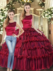 Graceful Floor Length Lace Up Quinceanera Dresses Wine Red for Military Ball and Sweet 16 and Quinceanera with Ruffled Layers