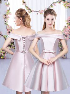 Traditional Floor Length Baby Pink Court Dresses for Sweet 16 Satin Sleeveless Bowknot