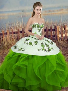 Glorious Green Ball Gown Prom Dress Military Ball and Sweet 16 and Quinceanera with Embroidery and Ruffles and Bowknot Sweetheart Sleeveless Lace Up