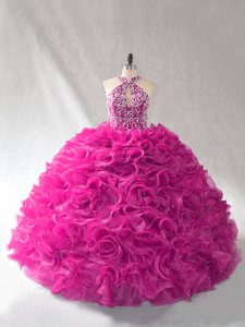 Fuchsia Ball Gowns Halter Top Sleeveless Organza Brush Train Lace Up Beading and Ruffles Sweet 16 Quinceanera Dress