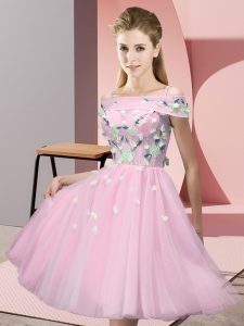 Baby Pink Tulle Lace Up Dama Dress for Quinceanera Short Sleeves Knee Length Appliques