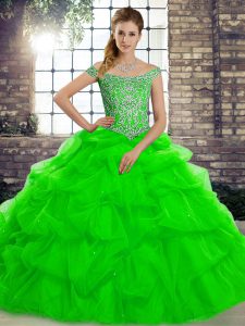 Tulle Off The Shoulder Sleeveless Brush Train Lace Up Beading and Pick Ups Quinceanera Dress in Green