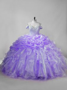 Lavender Straps Lace Up Beading and Ruffles and Pick Ups 15th Birthday Dress Brush Train Sleeveless
