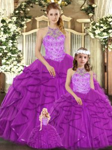 Captivating Purple Tulle Lace Up Sweet 16 Dresses Sleeveless Floor Length Beading and Ruffles