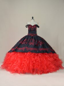 New Style Red And Black Sweet 16 Dresses Sweet 16 and Quinceanera with Embroidery and Ruffles Off The Shoulder Sleeveless Brush Train Lace Up