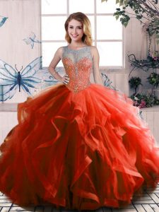 Sumptuous Rust Red Lace Up Scoop Beading and Ruffles Sweet 16 Dress Tulle Sleeveless