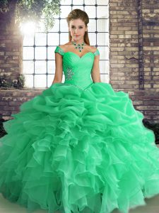 Glittering Turquoise Sleeveless Organza Lace Up Quinceanera Dress for Party and Military Ball and Sweet 16 and Quinceanera