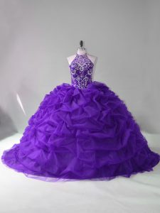 Designer Purple Lace Up Quinceanera Gowns Beading and Pick Ups Sleeveless Court Train