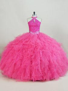 New Arrival Hot Pink Tulle Lace Up Halter Top Sleeveless Floor Length Quinceanera Gowns Beading and Ruffles