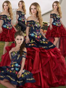 Suitable Red And Black Quinceanera Gowns Military Ball and Sweet 16 and Quinceanera with Embroidery and Ruffles Off The Shoulder Sleeveless Lace Up
