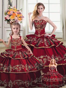 Wine Red Lace Up Sweetheart Embroidery and Ruffled Layers Sweet 16 Dress Satin and Organza Sleeveless