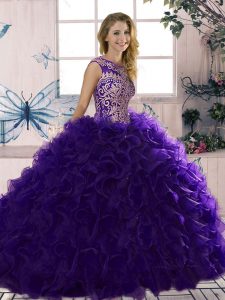 Edgy Purple Ball Gowns Scoop Sleeveless Organza Floor Length Lace Up Beading and Ruffles Sweet 16 Dresses