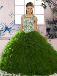 Unique Sleeveless Floor Length Beading and Ruffles Lace Up Vestidos de Quinceanera with Green