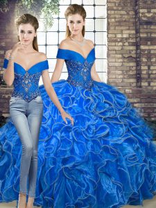 Luxury Two Pieces Quince Ball Gowns Royal Blue Off The Shoulder Organza Sleeveless Floor Length Lace Up