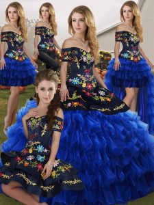 Amazing Floor Length Lace Up Ball Gown Prom Dress Blue And Black for Military Ball and Sweet 16 and Quinceanera with Embroidery and Ruffled Layers